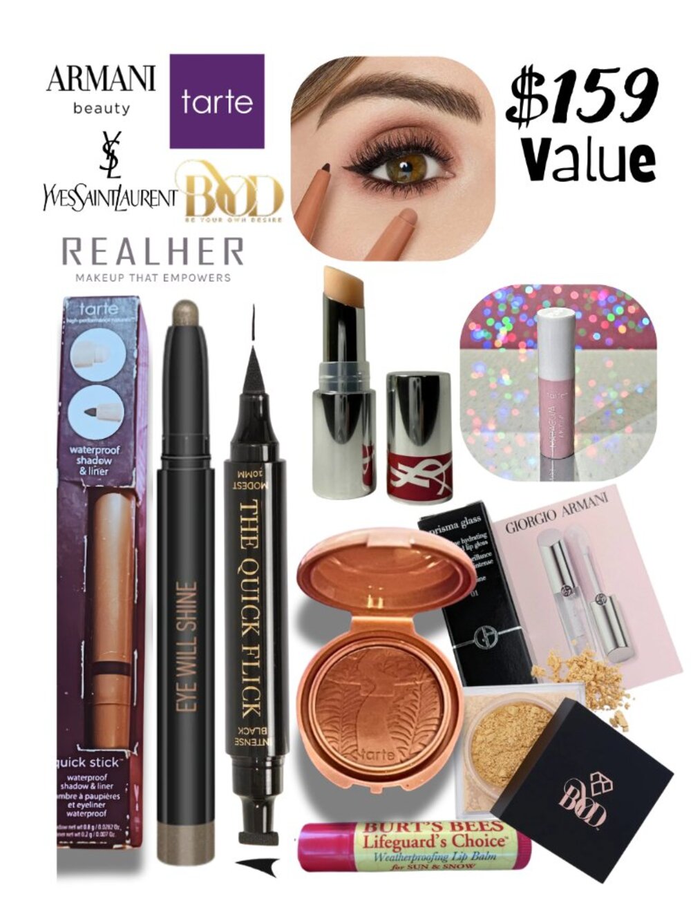 NEW MAKEUP LOT TARTE YSL ARMANI REALHER ־HIGH END GIFT INCL $185 VALUE TOTAL